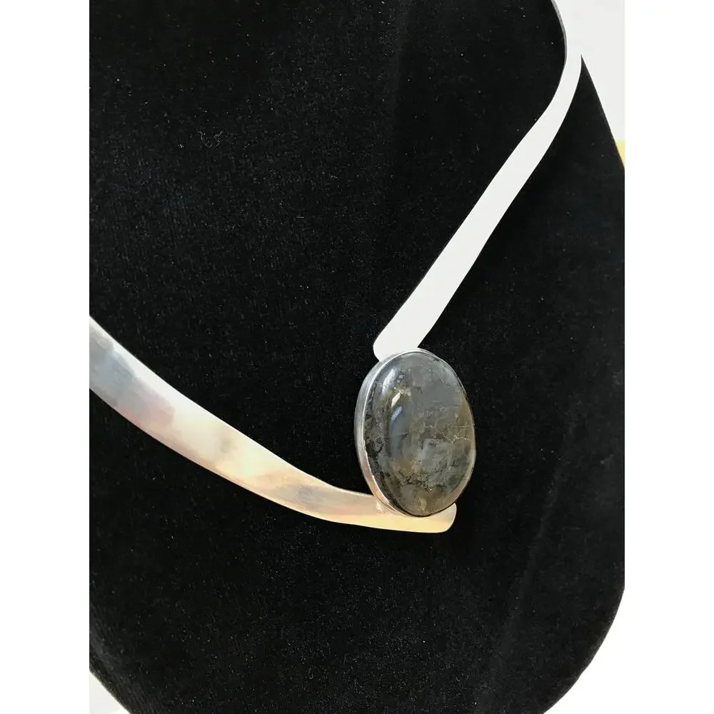 Sterling Silver Modernist Large Labradorite Gemstone Oval Neck Ring Necklace
